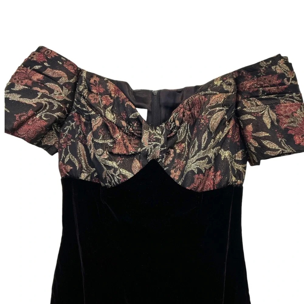 Scott McClintock Vintage 90's Black Velvet Cocktail Dress 6 Off Shoulder Jaquard